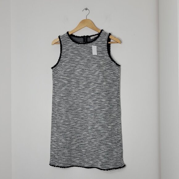 LOFT Outlet NEW Black & White Sleeveless Tweed Fringe Hem Shift Dress Small NWT - Picture 1 of 11